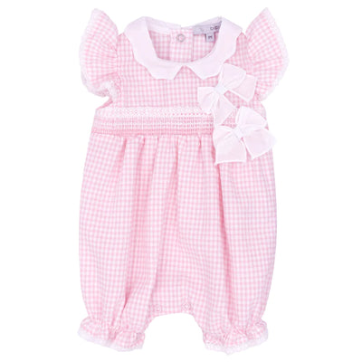 Blues Baby branded Girls Pink Lined Seersucker Romper With White Bows - Girls Online Baby Boutique Clothing