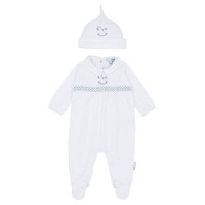 Blues Baby Unisex Baby White Cotton Interlock Sleeper, Sleepsuit, Babygrow With Grey Smocking And Rocking Horse Embroidery - Newborn Baby Unisex Baby Boutique Clothes