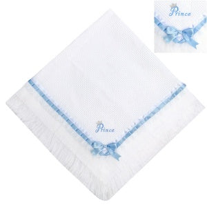 Luxury White & Blue Boys Prince Embroidery Shawl with Lace & Ribbon - KE003 - Kidz Emporium 