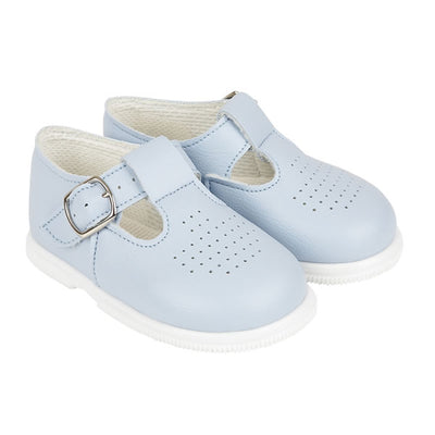 Sky blue faux leather 'Baypods' first walker shoes. Made in England, these smart, traditionally styled shoes are the perfect choice for babies and toddlers. They have buckle fastening straps to keep securely on little feet and rounded shaped toes for correct foot development. . Faux leather uppers Textile lining Wipe clean Buckle strap Shoes suitable for girls and boys
