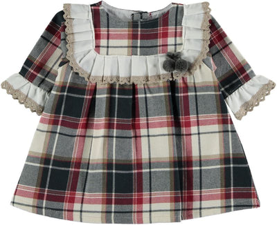Juliana - Girls Spanish Tartan Dress with Pom Pom - J2132 - Traditional Spanish Baby Clothes - Kidz Emporium 