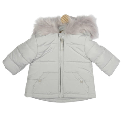 Boys grey coat by Mintini Baby, this cute coat will keep your little one nice and warm. It has button pockets on each side, zip fastening and fluffy soft grey fur around the hood. Available in sizes 3m up to 5yr.  95% cotton & 5% polyester