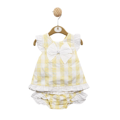 Mintini Baby Girls Lemon/Yellow And White Two Piece Tunic & Bloomer Shorts Set With Large Bow, perfect for Easter