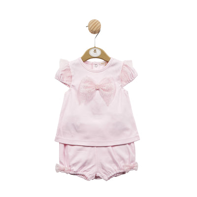 Mintini Baby Girls Pink Two Piece Top & Bloomer Shorts Set With Bow And Ruffle
