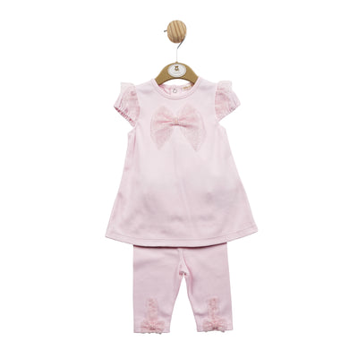 Mintini Baby branded Girls Pink Two Piece Top & Legging Outfit With Bow And Ruffle Detail - Baby Girls Boutique Clothing 