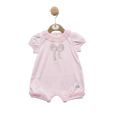 Mintini Baby Boutique Clothes Girls Pink Short Sleeve Romper With Diamanté Bow