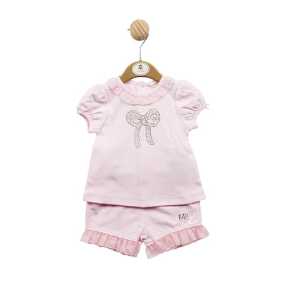Mintini Baby branded Girls Pink Two Piece Top & Shorts Set With Diamanté Bow - Baby & Children's Boutique Clothing