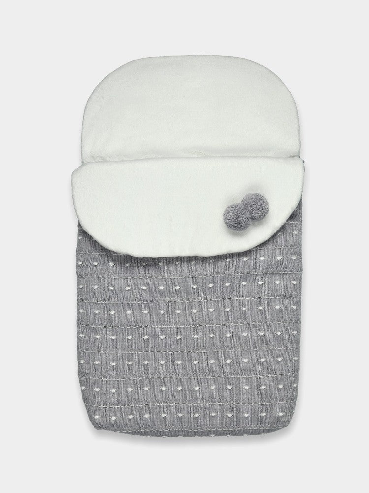 Grey Knitted Baby Sleeping Bag With Pom Pom