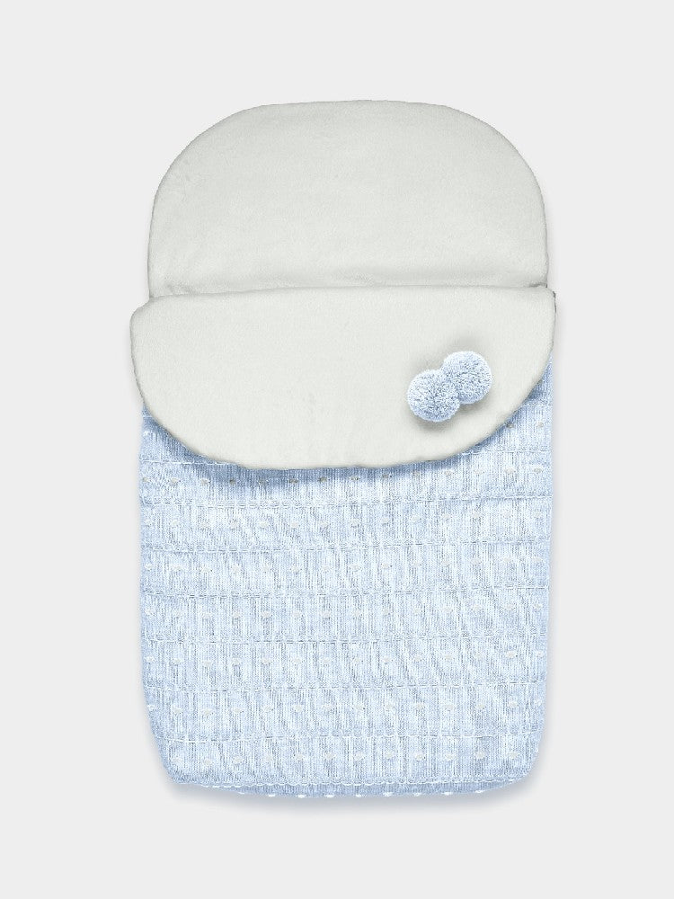 Blue Knitted Baby Sleeping Bag With Pom Pom