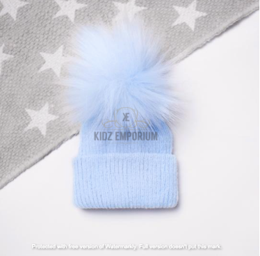 Baby Boys Blue Single Soft Fur/Pom Winter Hat 0-3 months & 3-12 months - Kidz Emporium 