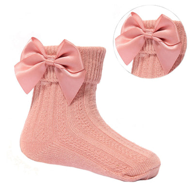 Soft Touch - Dusty Pink Ribbed Ankle Socks with Large Bow - S123-RO - Kidz Emporium 