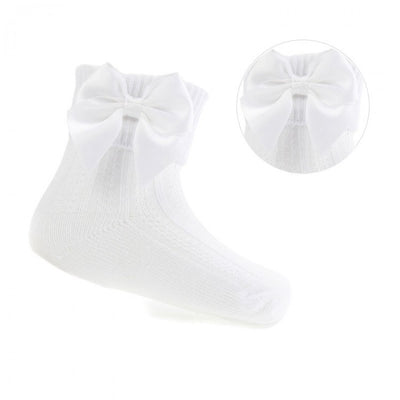 Soft Touch - White Ribbed Ankle Socks with Large Bow - Socks With Bows - S123-W - Kidz Emporium 