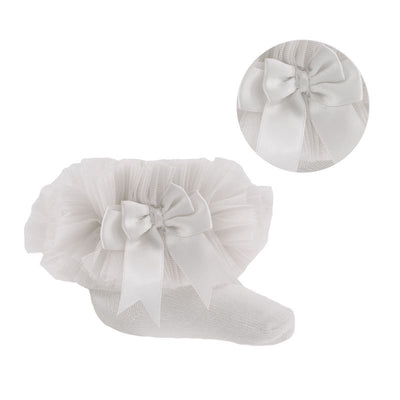 Soft Touch - White Plain Ankle Tutu Frilly Socks with Organza Lace & Bow - GS114-W - Kidz Emporium 