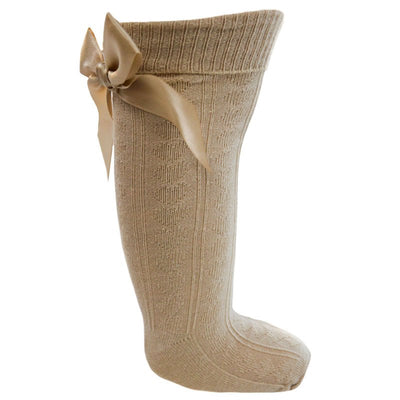 Beige Knee High Length Socks with Large Bow | Baby Socks and Tights For Sale