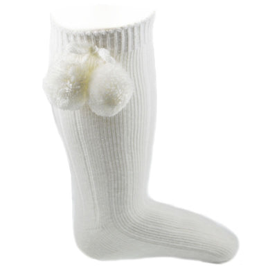 Soft Touch - Cream Knee High Length Pom Pom Socks - S47-C - Kidz Emporium 