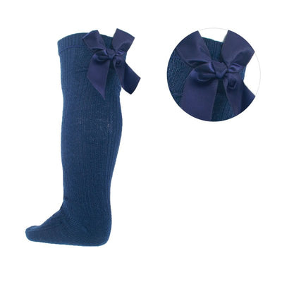 Soft Touch - Navy Blue Knee High Length Socks with Large Bow - S41-N - Kidz Emporium 