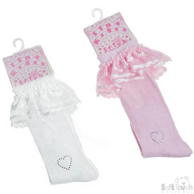 Pink Knee High Length Socks with Diamanté Heart | Baby Girls High Length Socks For Sale | Kidz Emporium