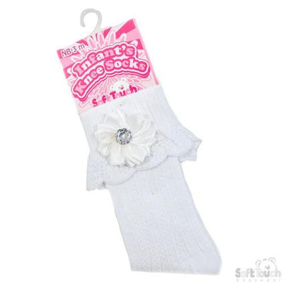 White Knee High Length Socks with Flower | High Knee Length Floral Socks For Girl For Sale | Kidz Emporium