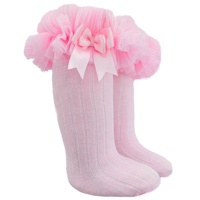 Pink Plain Knee High Length Tutu Frilly Socks with Organza Lace & Bow | Buy Ribbed Knee High Length Socks For Sale | Kidz Emporium - S72-P - Kidz Emporium 