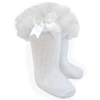 Soft Touch - White Plain Knee High Length Tutu Frilly Socks with Organza Lace & Bow - S72-W - Kidz Emporium 