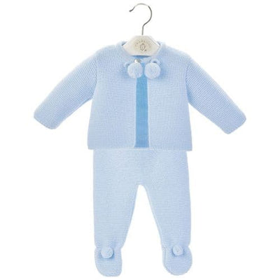 Boys blue two piece knitted set with pom pom detail by baby clothing brand Dandelion. This set consists of a knitted jacket &amp; trousers with pompom's. Cosy set for any occasion. Made from Acrylic for easy care. Available in five colours: Blue, Pink, White, Grey &amp; Beige. These sets are available in sizes Newborn, 0-3 months, 3-6 months &amp; 6-12 months.