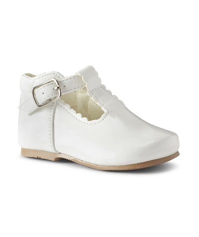 Girls classic t-bar shoe finished in a patent white colour. These shoes come up around the ankle giving your little one that little bit of extra support. They have a buckle fastening to the side and they are available in sizes 2 up to 6. Available in four different colours - White, Pink, Grey & Red.