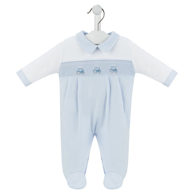 Baby Boys Blue & White Little tractor Sleepsuit